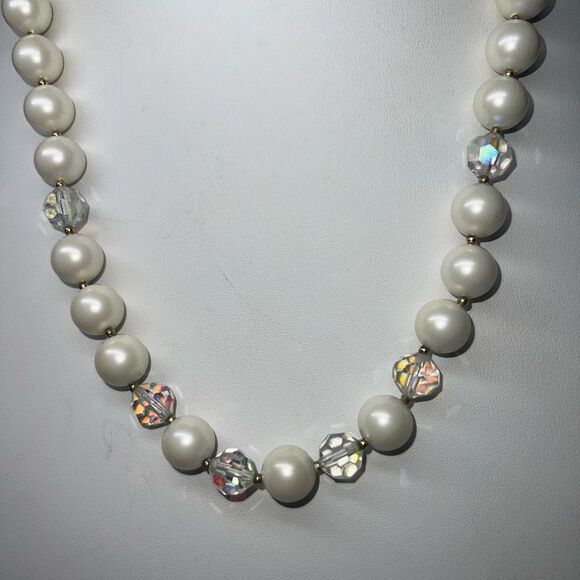 Vintage Faux Pearl and Aurora Borealis Bead Necklace - Picture 2 of 8